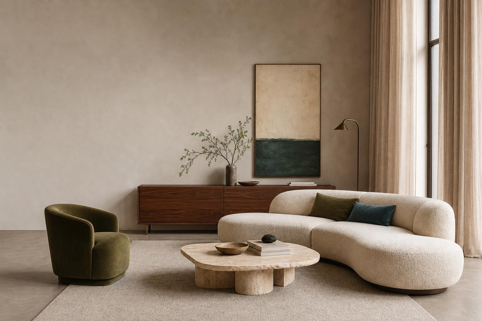 Upscale living room with sculptural furniture, travertine table, walnut storage, and soft plaster walls